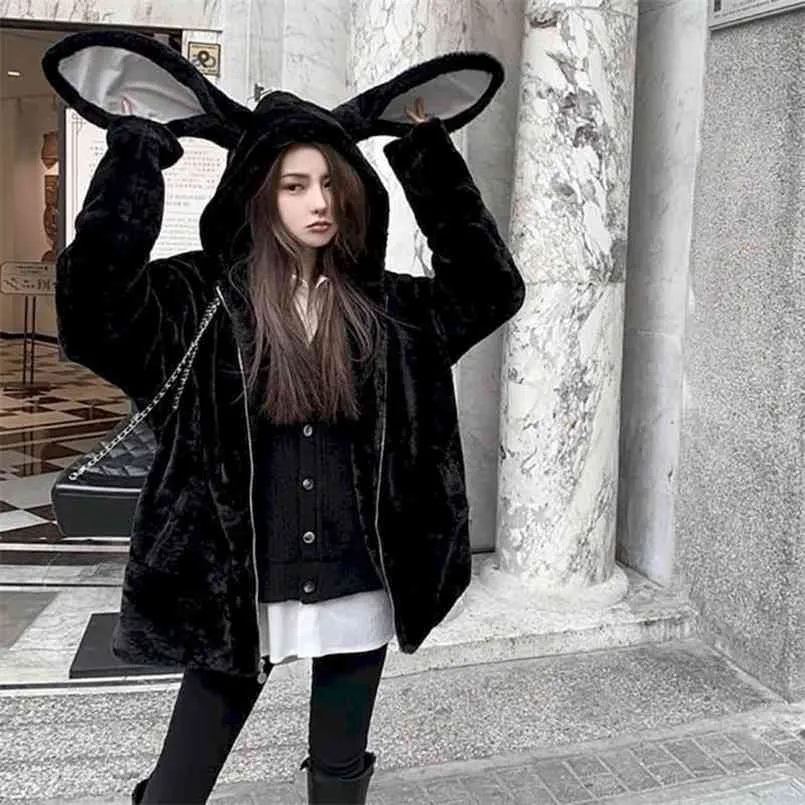 Kvinnor Faux Fur Jacka Kvinna Toppar Tjock Mid-Length Cute Hooded Winter Rabbit Ears Faux Rex Kanin Plush Fur Coat Soft Girl 210917