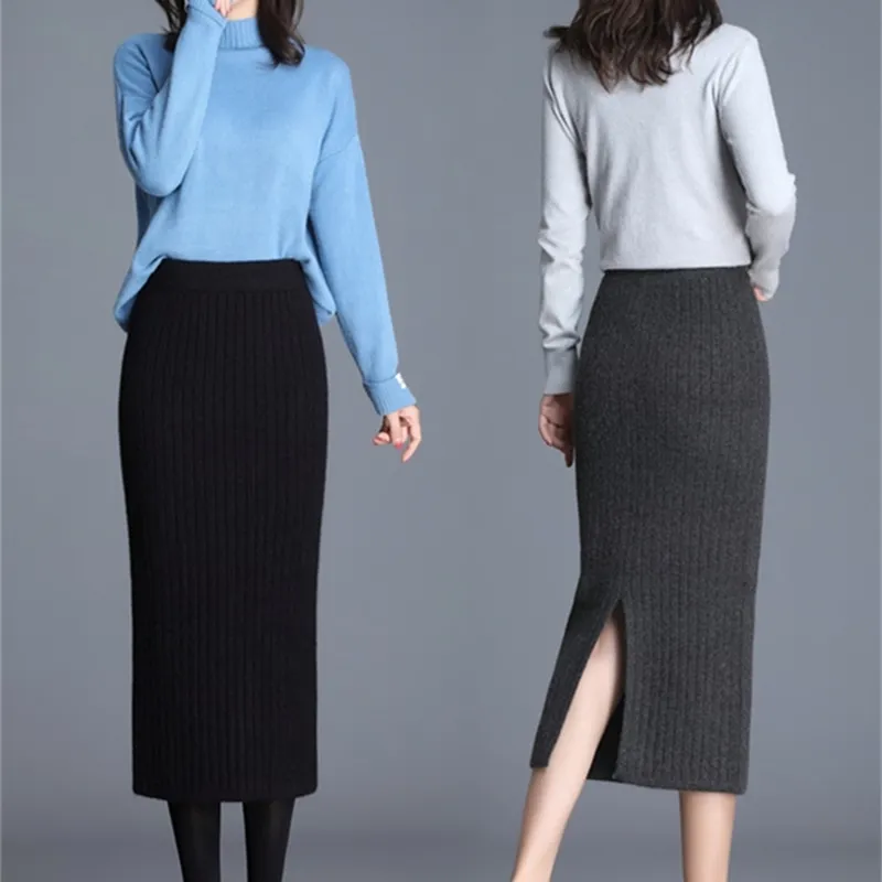 Automne hiver femmes longue jupe taille élastique chaud tricoté droite mince élégant noir crayon jupes faldas jupe femme 210608