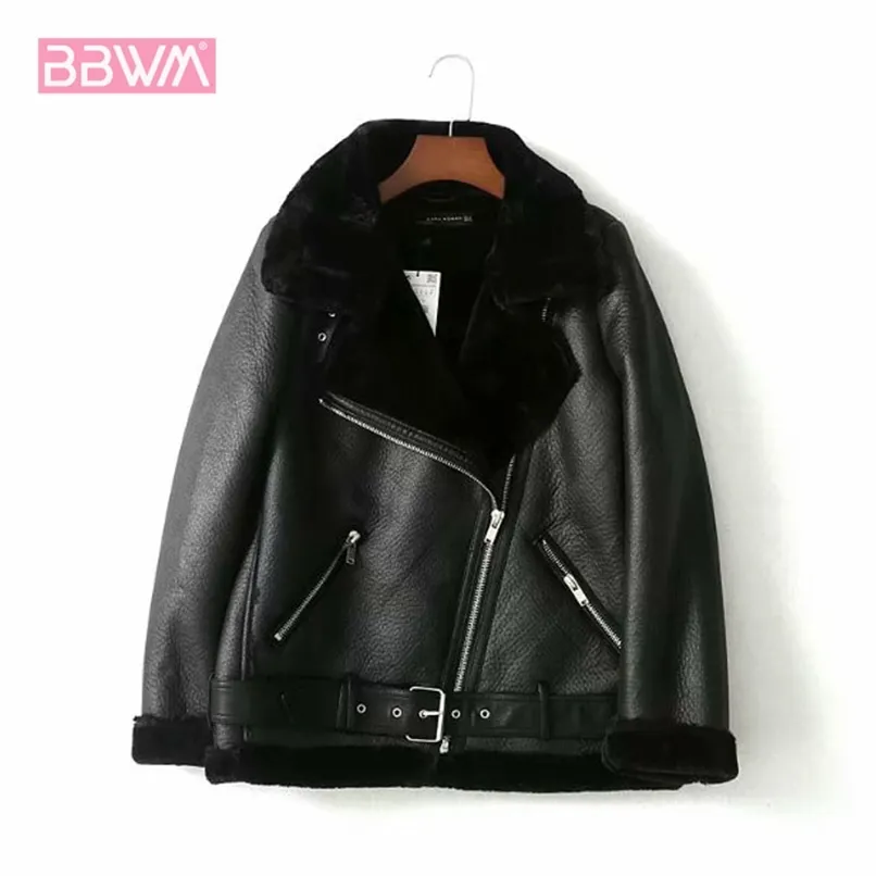 Fur Locomotive Retro with Belt Riding Winter Women's Jacket Long-sleeved Lapel Padded Warm Black Zip Chic Female Coat Tops 211109