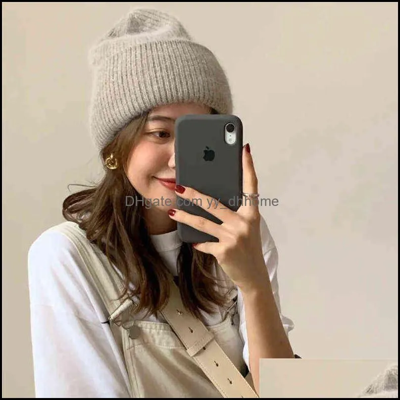 Winter Real Rabbit Fur Knitted Beanies For Women Fashion Solid Warm Cashmere Wool Skullies Beanies Female Three Fold Thick Hats 211228