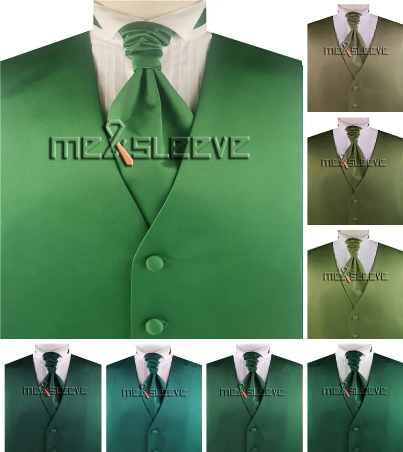 Solid Plain Green Formal Waistcoat Set för bröllop (Vest + Ascot Slips + Handkerchief)