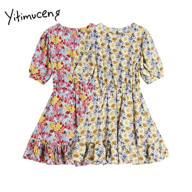 Yitimuceng Floral Print Dresses Kvinnor Sommar Ruffles High Waist Puff Sleeve O-Neck A-Line Koreansk Fashion Sweet Dress 210601