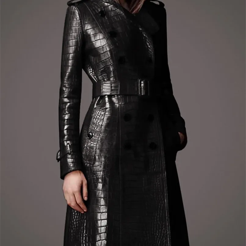Lautaro осенний длинный черный узор кожаный морожер для женщин с длинным рукавом пояс двойной грудью британский стиль моды 211007