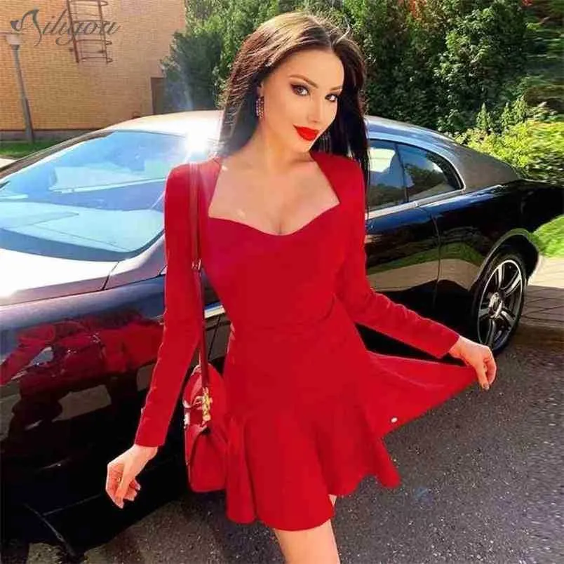 Lato Moda Kobiety Czerwony Seksowny Pełny Rękaw Skinny Potargany Mini Bandaż Dress Celebrity Party 210525