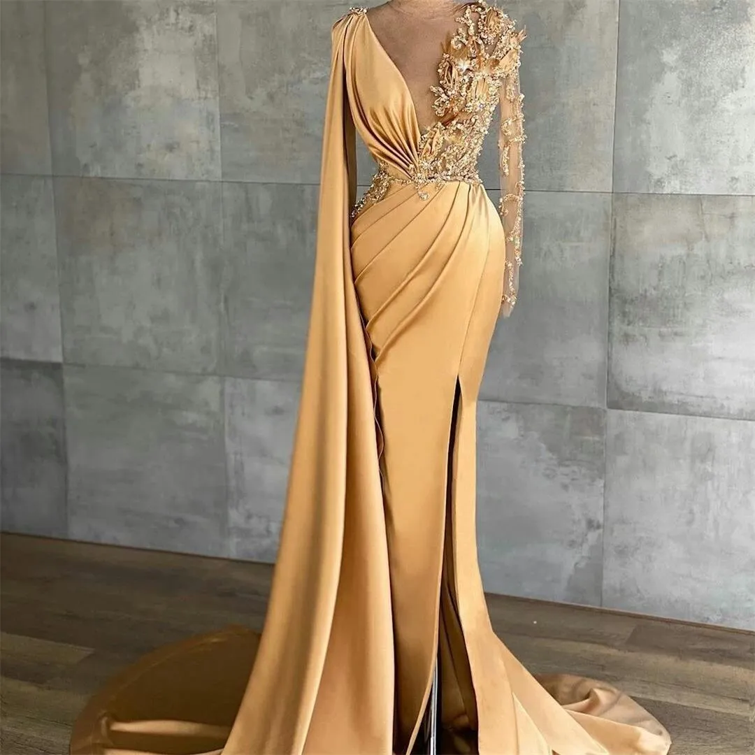 Elegante lange Meerjungfrau-Abendkleid mit Wrap-Side-Split-Prom-Kleider-Fach-Spitze-Applique-Party zweite Empfangskleider
