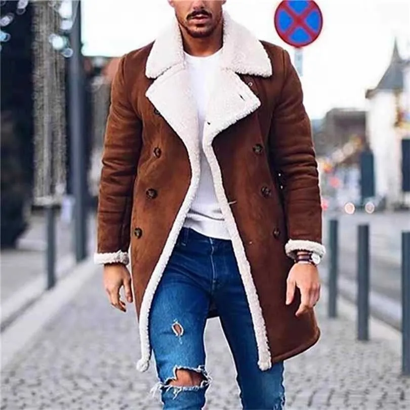 Autumn Fashion Solid Composite Suede Coats Men Winter Slim Warm Single Breasted Jacket Casual Turn-down Streetwear 211126