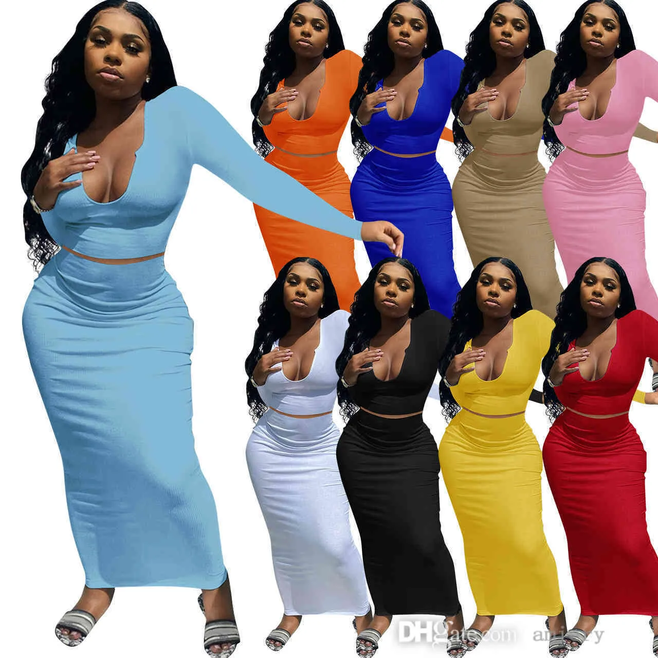 Maxi Dress Two Piece Set Women Long Sleeve Lantern Sleeve Knitted Bodycon  Dress with Deep V-neck and Half Skirt from Dhgate Basic & Casual Dresses -  price 10.06