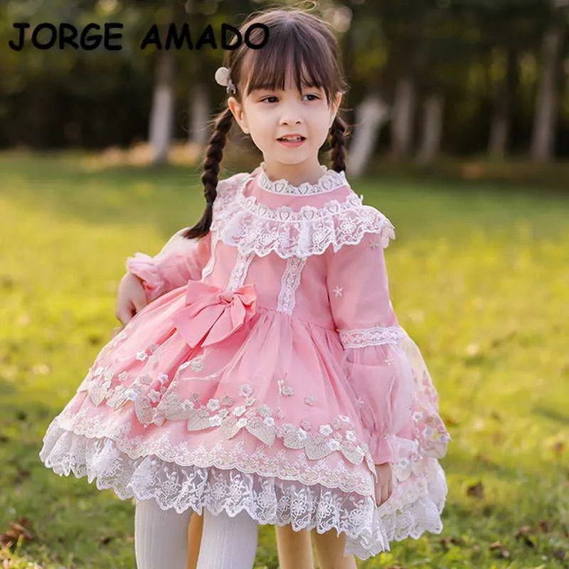 Spring Kids Girl Party Dress Lace Bow Pink Long Sleeves Mesh Princess Dresses Wedding Perform Clothes E8009 210610