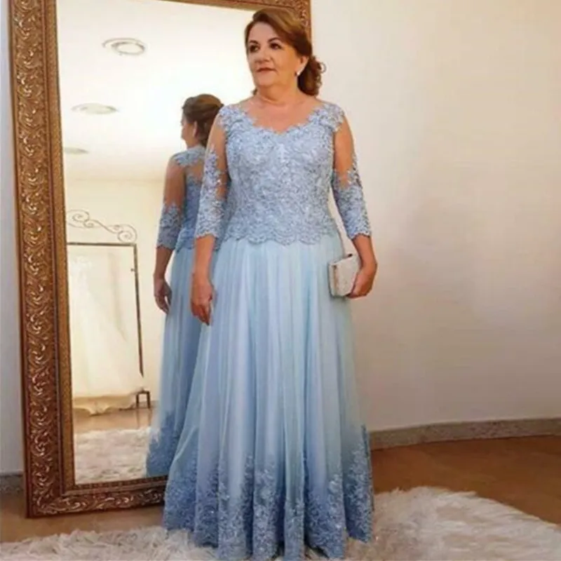 Vestidos de la madre del cielo de luz azul del cuello transparente 3 4 Apliques del piso de manga larga Vestidos de invitado de boda para mujeres de tamaño grande