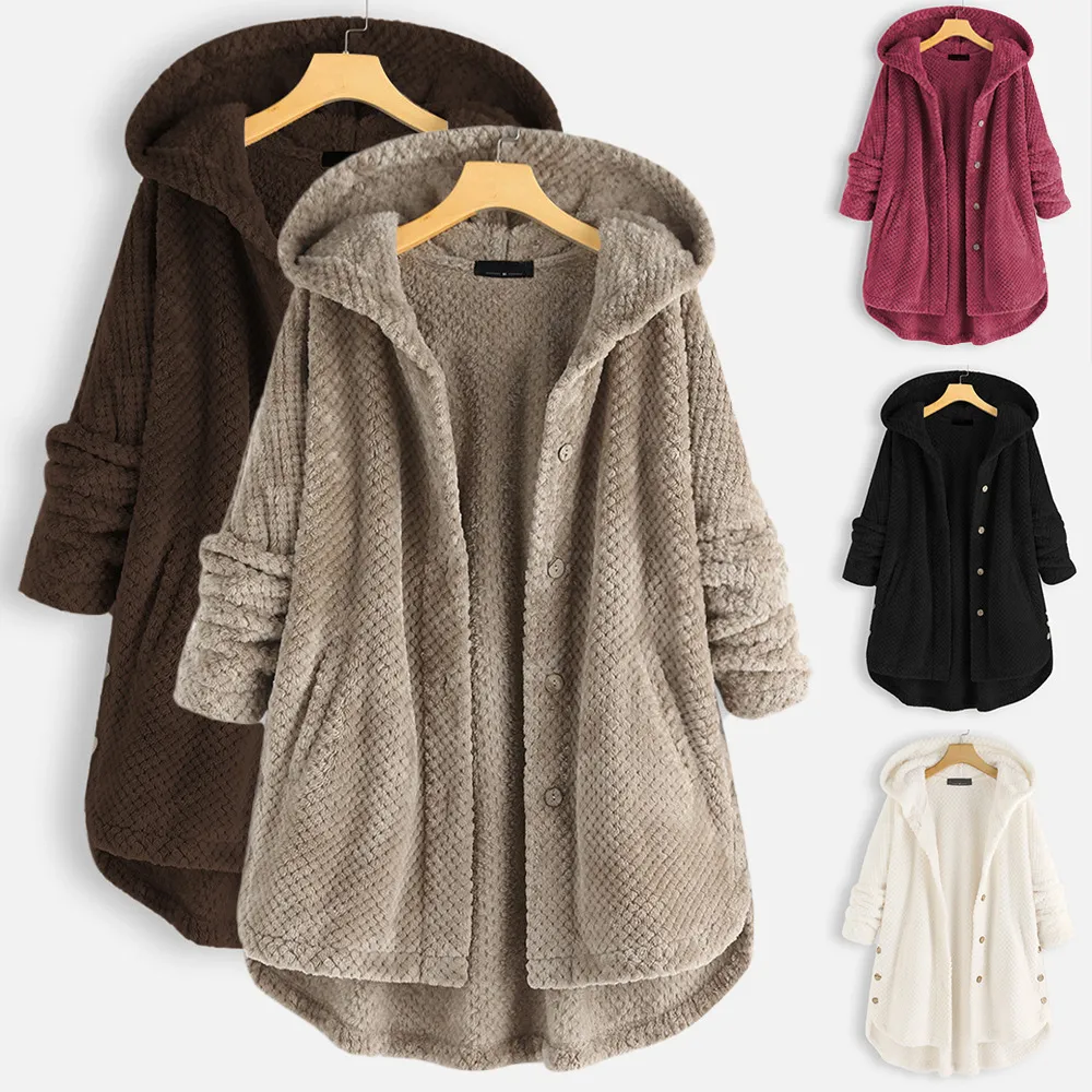 여성용 플러스 사이즈 겉옷 코트 여성용 양털 불규칙한 긴 소매 버튼 포켓 후드 코트 2022 가을 겨울 여성 여자 오버