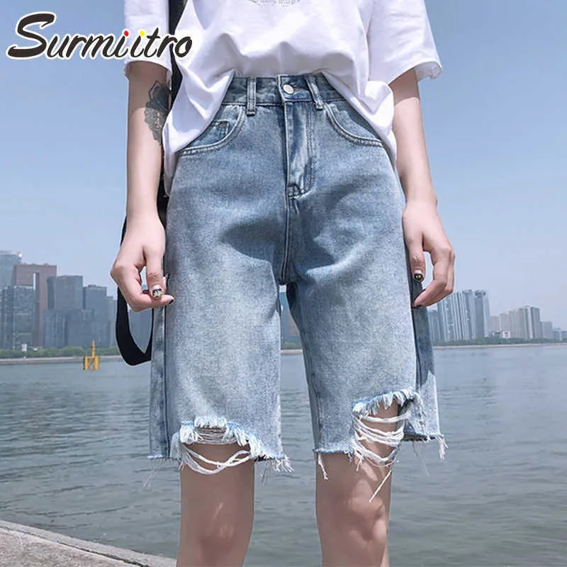 Surmiitro летние голубые джинсовые шорты женщины корейский стиль мода разорванные отверстие каприз высокая талия джинсы женские короткие штаны 210712
