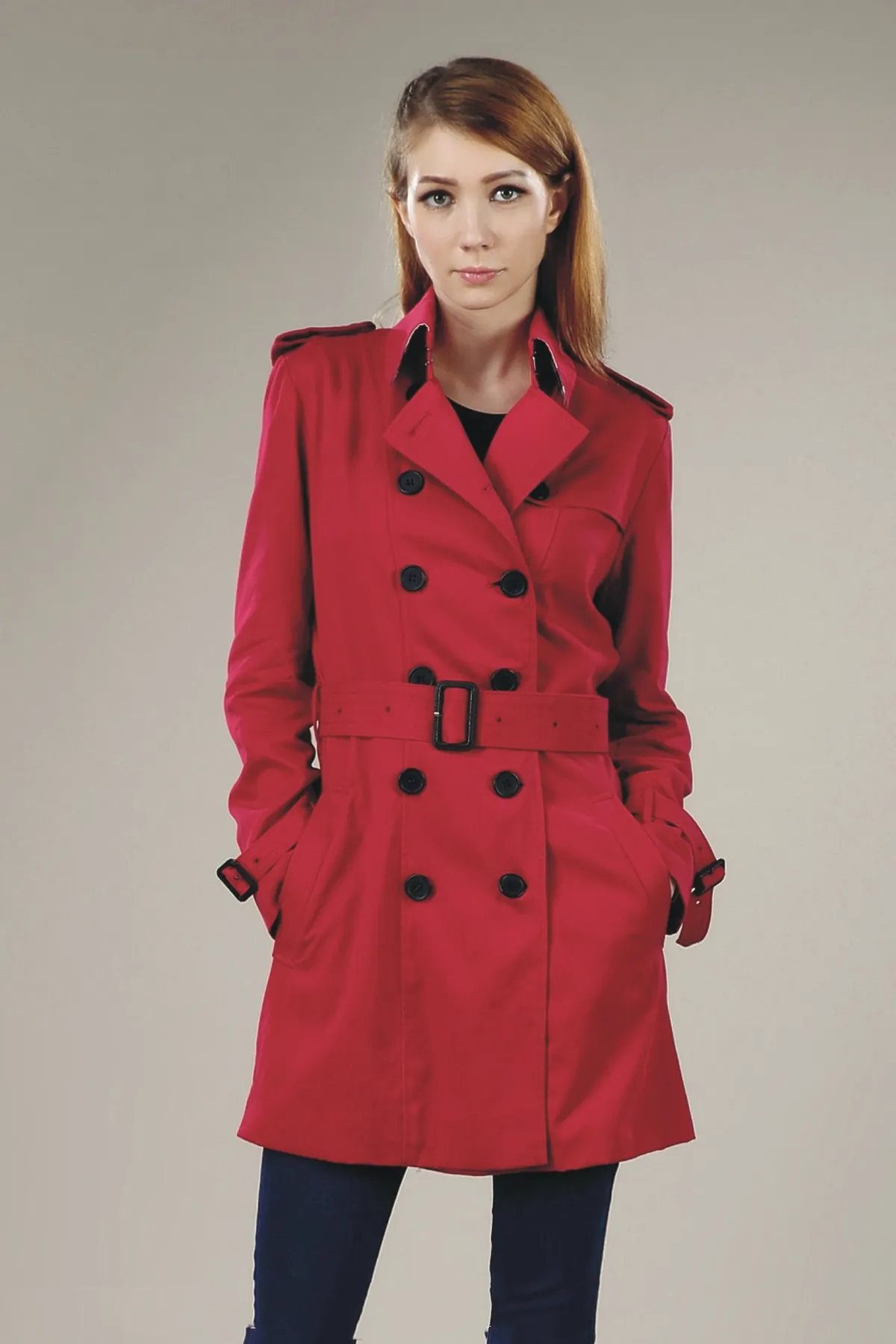 Дизайнерские женские ветровая ветровка Англия Среднее длительное пальто для траншеи / высокого качества двойной грудью для темперамента женщин S-XXL