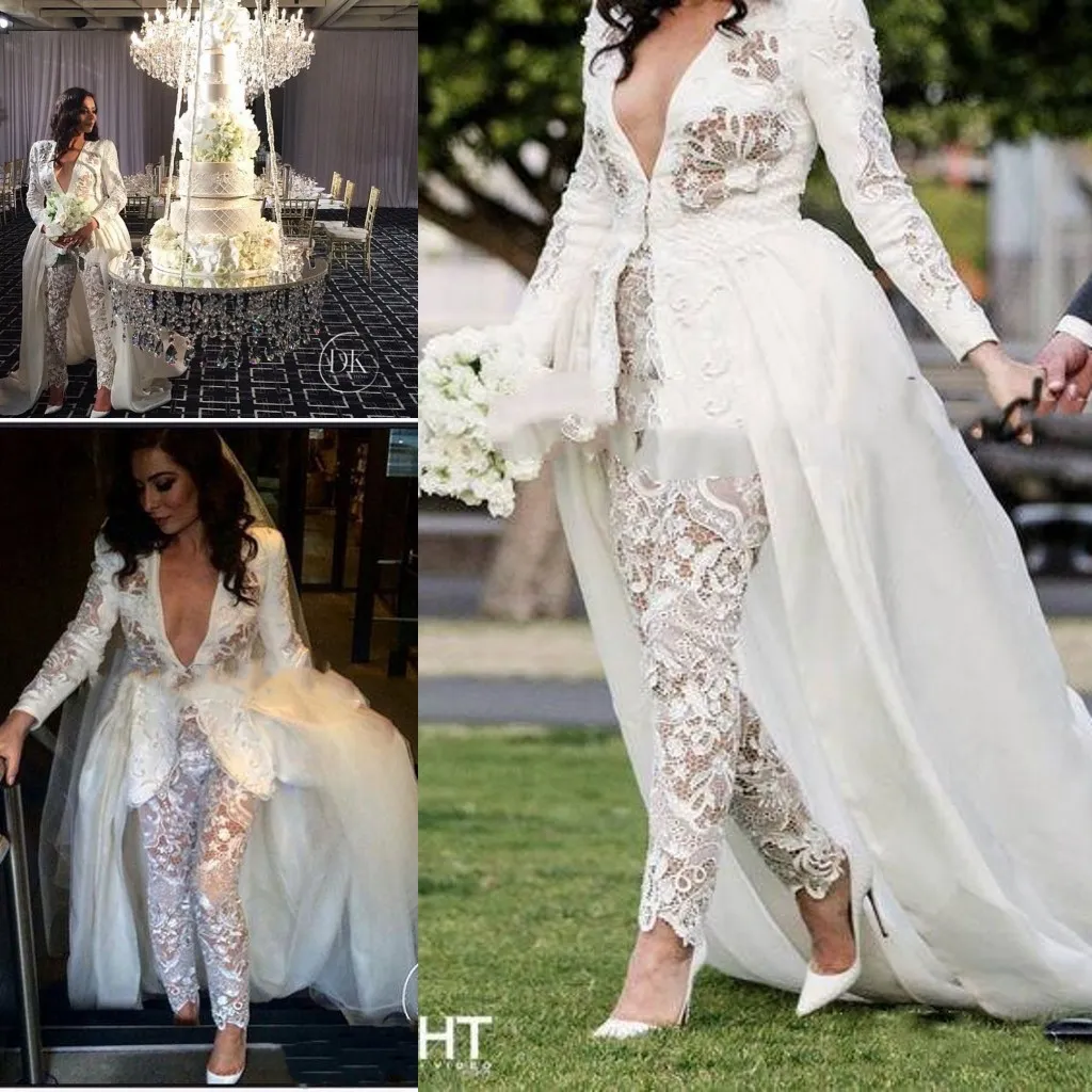 Elegant Lace Applique Wedding Jumpsuit with Train: Long Sleeve V-neck  Country Garden Bridal Pant Suit