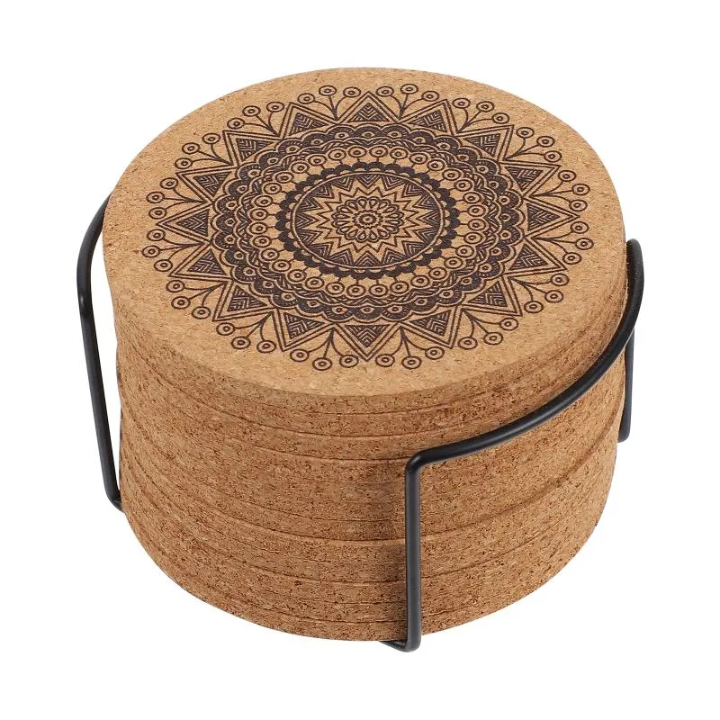 Mats & Pads 1 Set Creative Nordic Mandala Design Round Shape Wooden Coasters With Rack