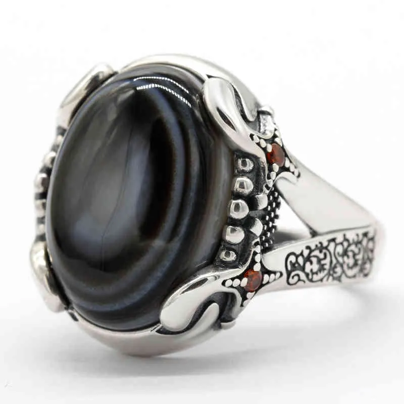 Solid 925 Silver Evil Eye Natural Agate Stone Auspicious Goat Signet for Women Men Luxury Vintage Party Ring Onyx