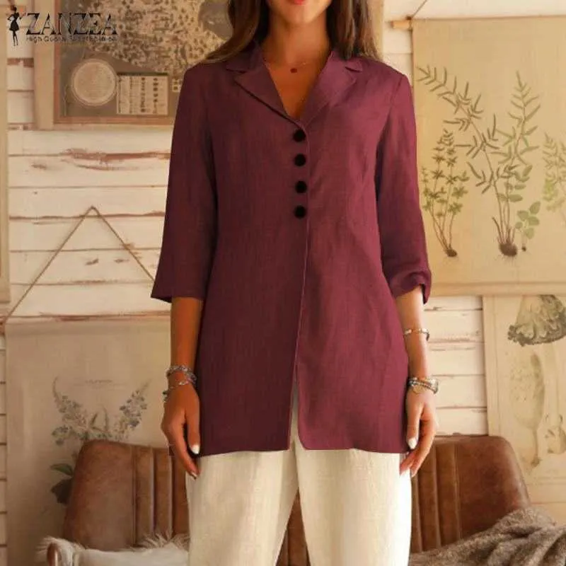 Solide Mäntel Weibliche Single Button Tunika Weibliche Tops Elegante frauen Dünne Blazer ZANZEA Herbst 3/4 Hülse Blusas X0721