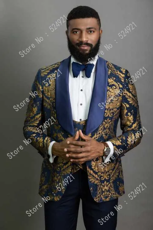 Costumes pour hommes Motif d'or et smokings de marié bleu marine châle satin revers garçons d'honneur mariage meilleur homme (veste + pantalon + gilet + cravate) C699 X0909