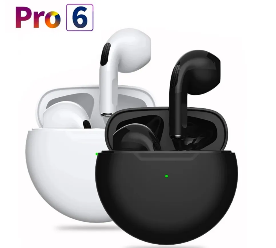 Pro6 Słuchawki Bluetooth Słuchawki Bezprzewodowe Słuchawki Earbuds Uszar Bods Stereo Sport Wodoodporny Zestaw słuchawkowy dla telefonów iPhone Smart Telefony z pudełkiem detalicznym Wysokiej jakości