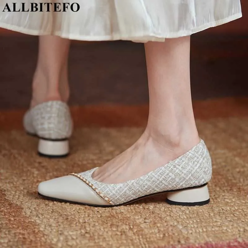 Allbitefo الحجم: 34-41 جلد طبيعي + القماش منخفض الكعب مريحة حزب المرأة أحذية الكعب سميكة المرأة الكعوب أحذية الفتيات الأحذية 210611