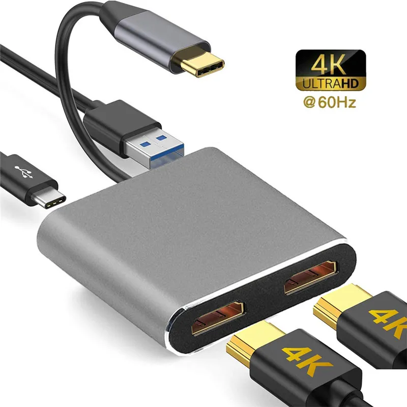 USB-C 2XHDTV USB3.0 Tip C4 in 1 Adaptörü Yüksek Hızlı 4K 60Hz Çözünürlük Desteği MacBook Tablet için