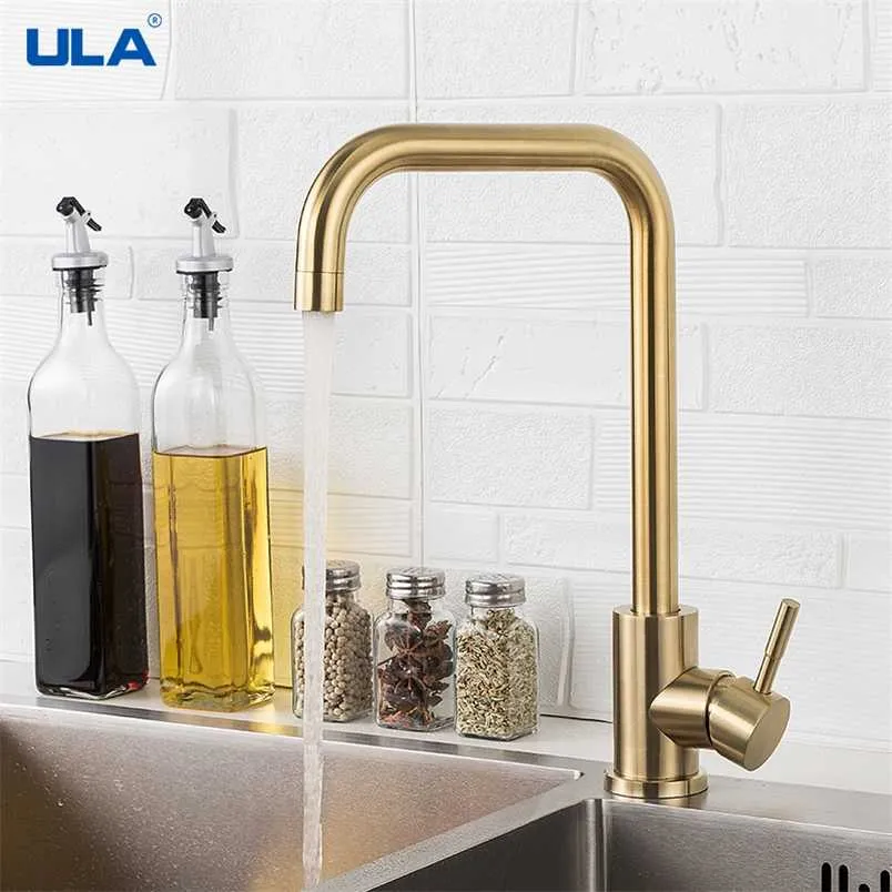 ULA Kitchen Faucets Brushed Gold Stainless Steel 360 Rotate Kitchen Faucet Deck Mount Cold Water Sink Mixer Taps Torneira 211108