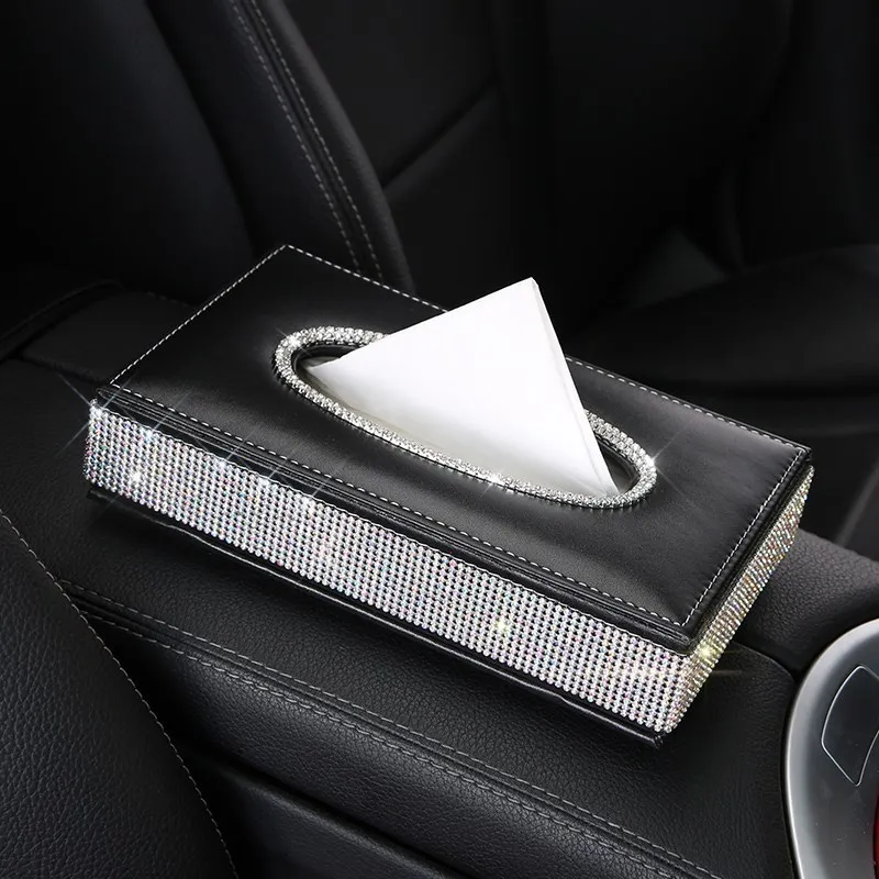 Bling Crystal Car Tissue Luxury PU Leather Auto Paper Box Holder Cover Case Tray For Home Office Automotive