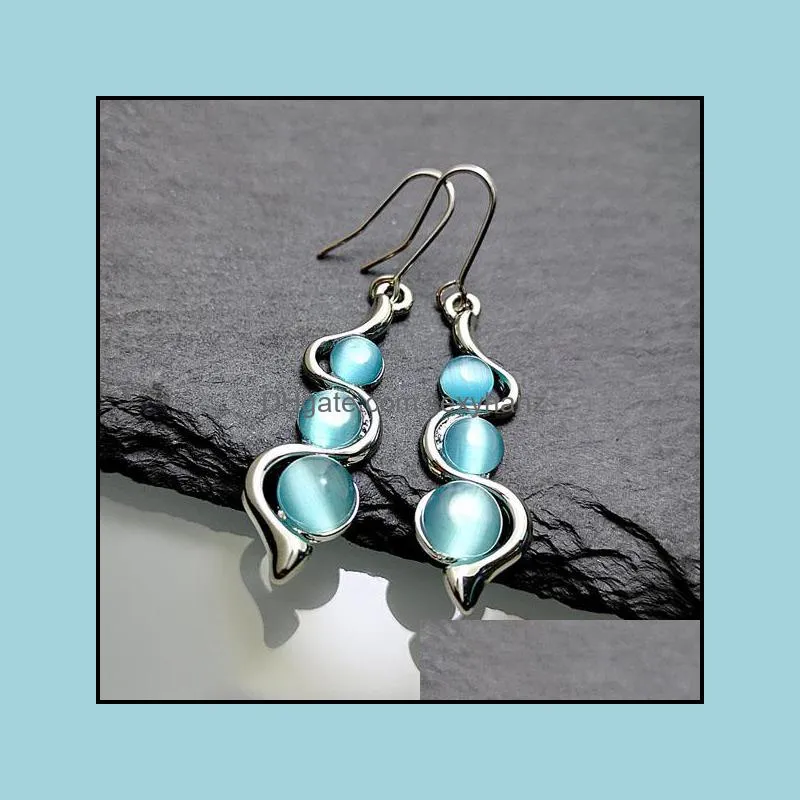 S2159 Bohemian Fashion Jewelry Curve Wave Dangle Earrings Blue Cat`s Eye Earring