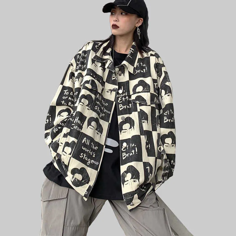 Осенняя старинная унисекс куртка хип-хоп Streetwear повседневная печать базовые пальто варки женские джинсовые 210531