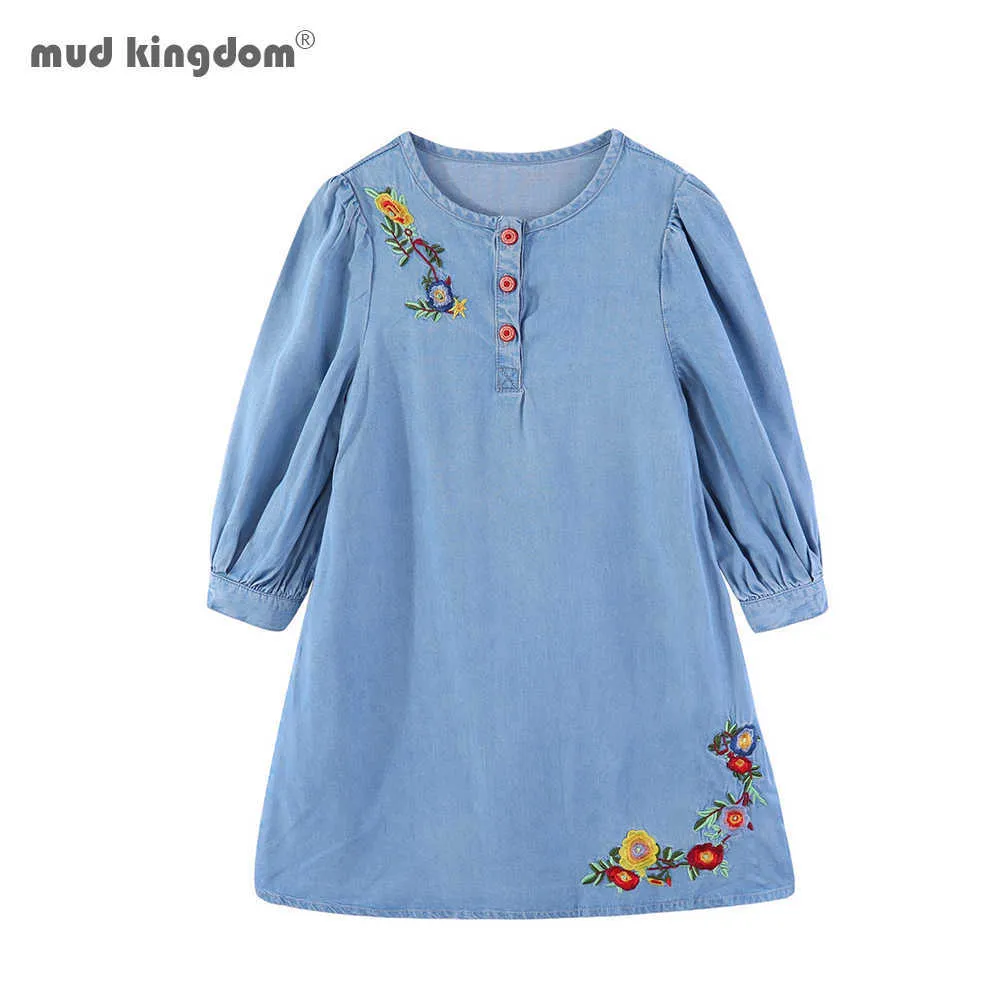 Mudkingdom Mädchen-Jeanskleid mit Blumenstickerei, langärmelig, Maxi-A-Linie, süß für Kinder 210615