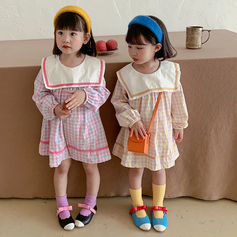 Girls Gingham Dresses Sailor Collar Spring 2021 Kids Boutique Clothing Korean 1-6T Children Cotton Check Dress