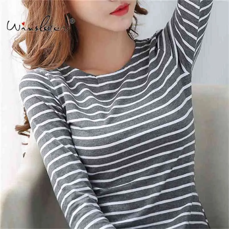 Basic Striped T-shirt Kobiety Casual Cotton Sciuszy Długim Rękawem Spring Autumun Topy Tee Plus Size S-5XL T01301B 210623