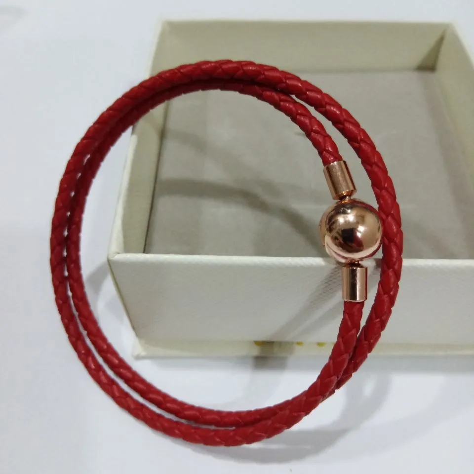 100% 925 silver Rose Gold women Genuine Leather Bracelet Fits For pandora style European Jewelry Charm RED Bracelets Valentine's Day gift