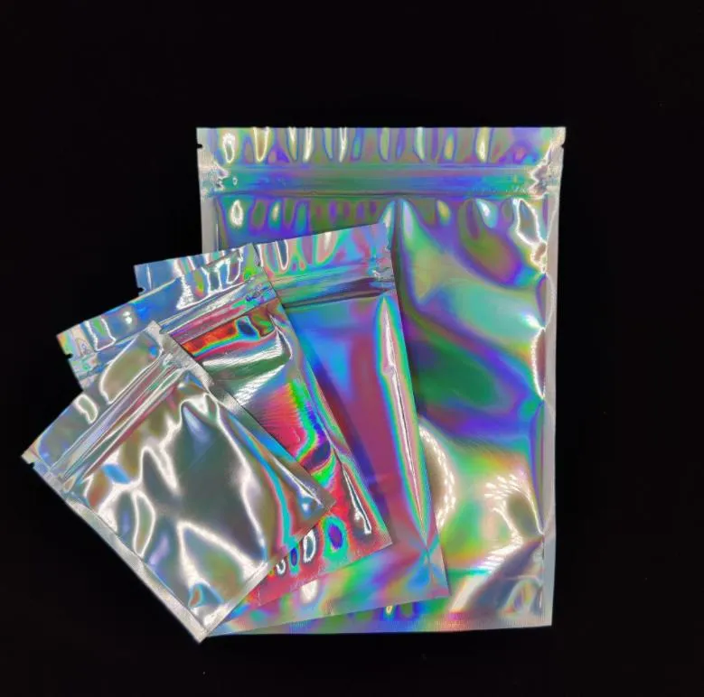 100 Pieces Resealable Smell Proof Bags Foil Pouch Bag Flat laser color Packaging Bag for Party Favor Food Storage Holographic Color