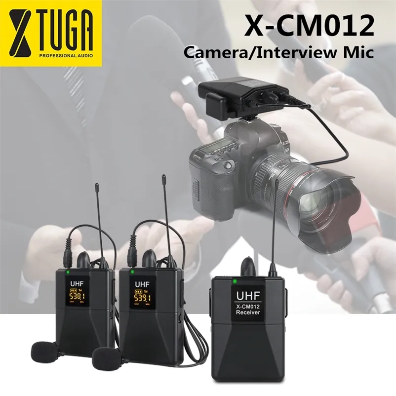 XTUGA X-CM012 UHF Dual Wireless Lavalier Microphone, Camera Mic, UHF Lapel Mic System med 16 valbara kanaler Upp till 164ft räckvidd 210610