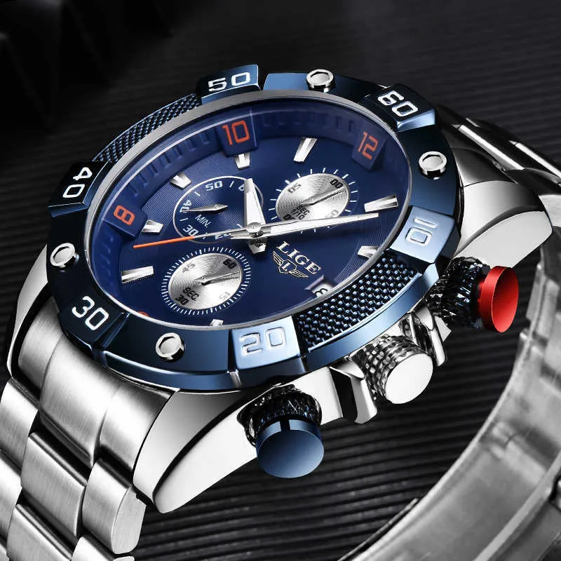 Lige Quartz Relógios para Mens Top Marca Relógio de Luxo Masculino Aço Inoxidável Impermeável Esporte Cronógrafo Relogio Masculino 210527