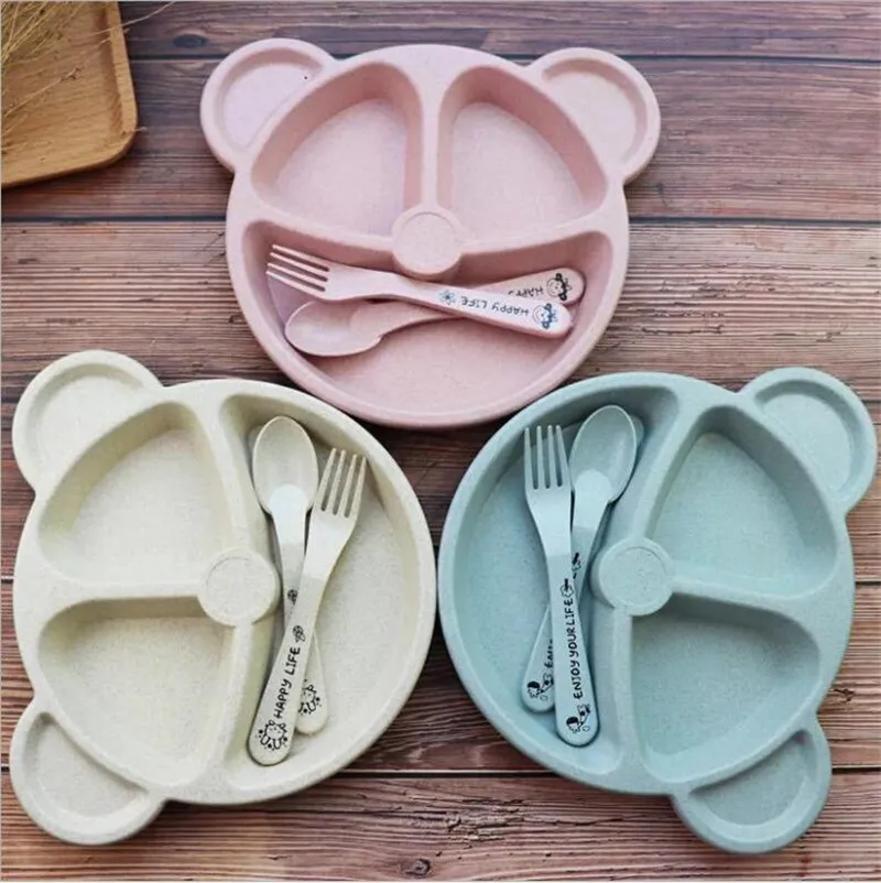 Wheat Straw Baby Tableware Newborn Feeding Plates with Spoon Fork Food Dinnerware Set Cute Cartoon Panda Children Dishes