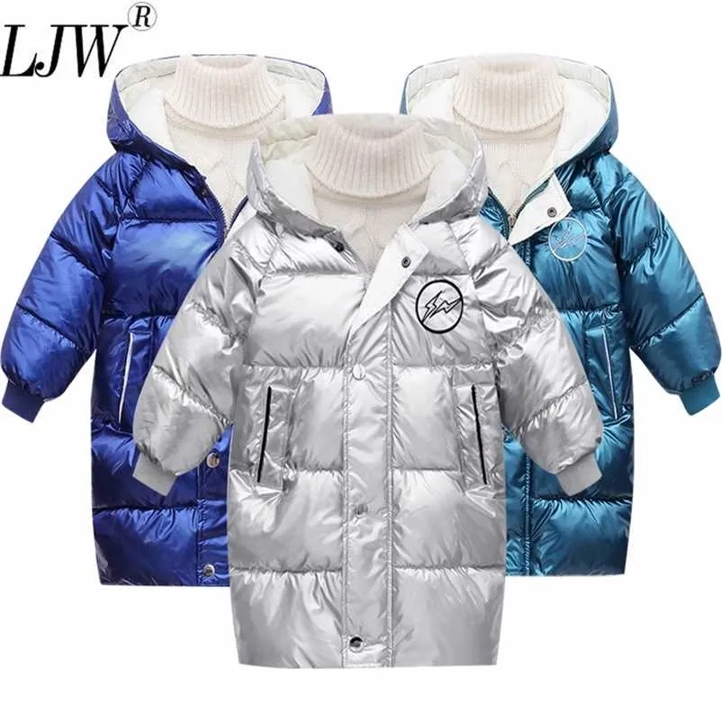 Russia Winter Boys & Girls Duck Down Children Thickening Warm Jackets Long Big Fur Hooded Outerwear Coats 3-10yrs 211204