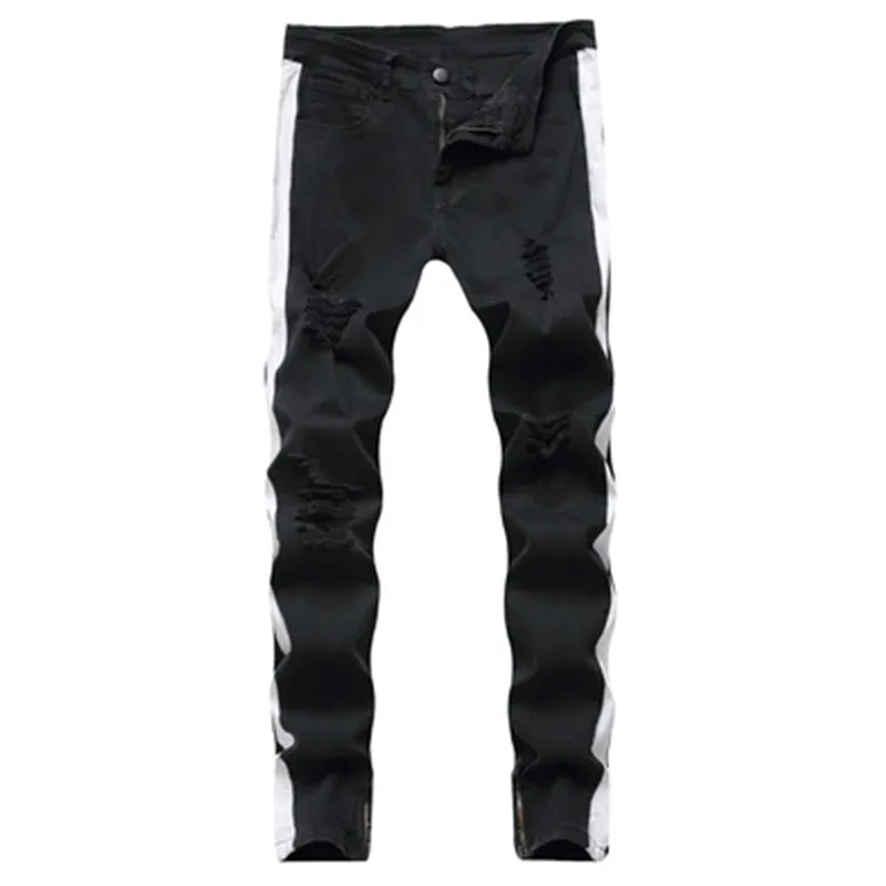 Man Höst Blå Ripped Jams Fashion Trend Distressed Brand Holes Denim Pencil Byxor Designer Mens Fickor Sträcka Slim Casual Jean Pant