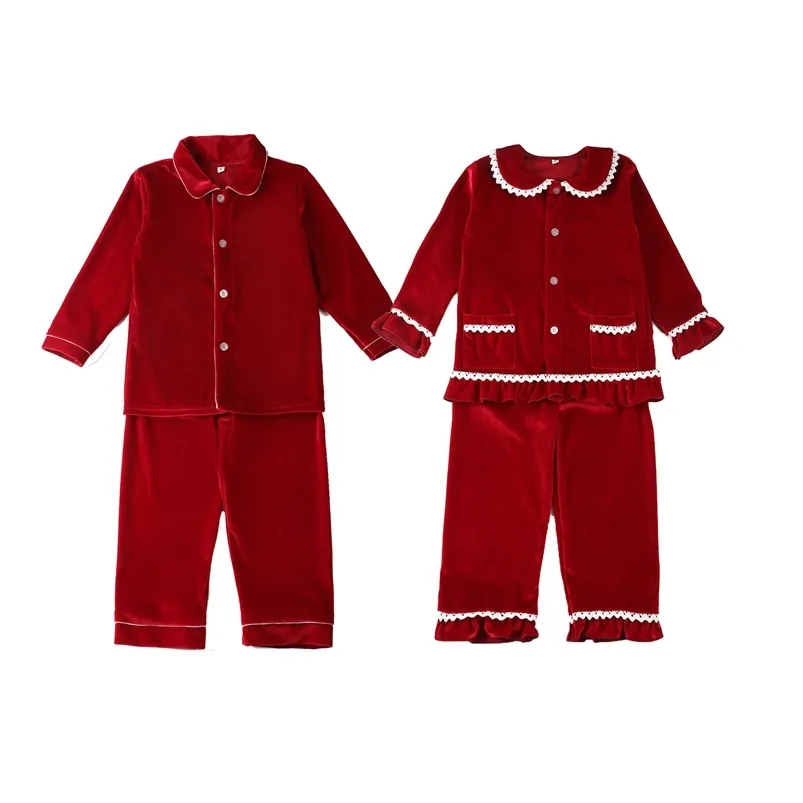Peter Pan Collar Barn Knapp Upp Röd Velvet Boy Baby Sleepwear Kids Christmas Pyjamas Sets 210915