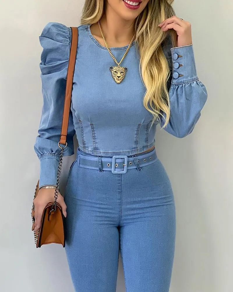 Women's Long Sleeve Button Up Denim Shirt Blue Snap Front Jean Tee Tops,Blue  b,S at Amazon Women's Clothing store