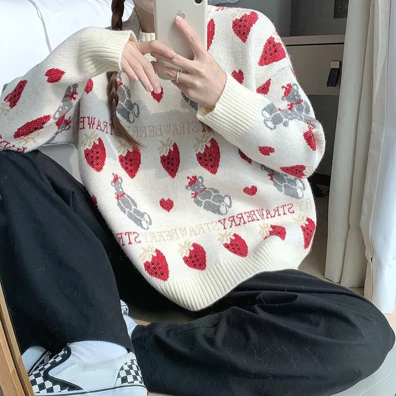 Женские свитера Сладкий клубничный свитер Женщины зимний уродливый рождественский вязаный женский девшом корейский японский пуловер каваии