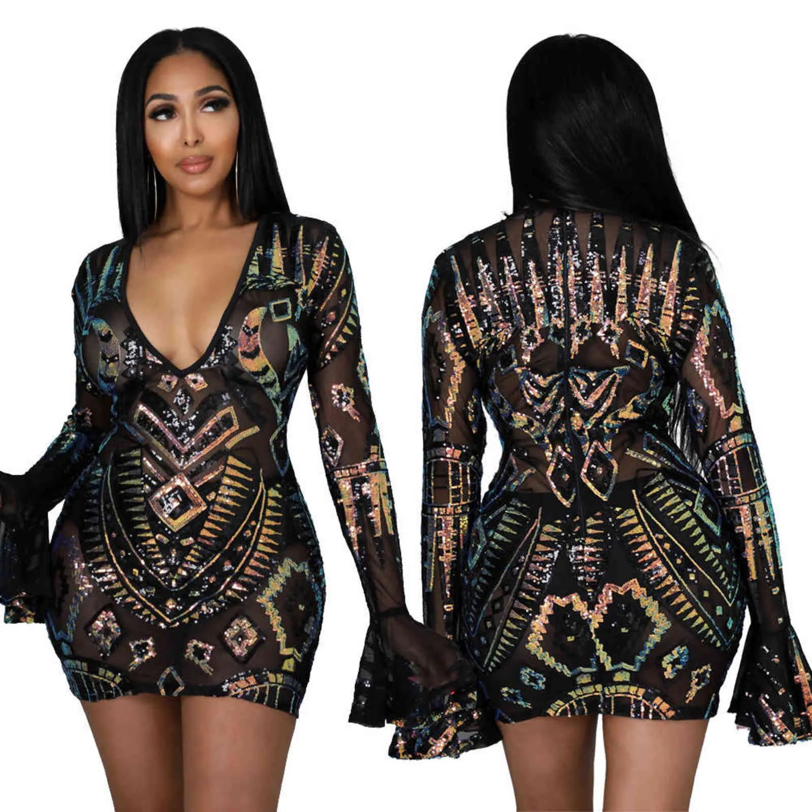 Robe De Club Hiver Femme De Mode Col En V Moulante Sexy Sequin Multi Couleur Robe De Soirée À Manches Longues Robes 211115