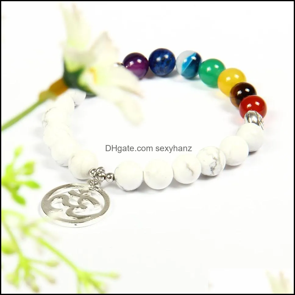 New Design Wholesale 10pcs/lot 8mm Natural Stone With 7 Chakra Healing Stone Yoga Meditation Big Silver Om Couples Distance Bracelet