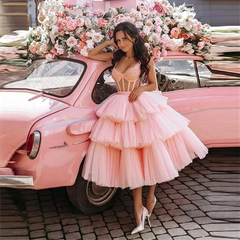 2022 Sexy Chá Comprimento Rosa Bola Vestido Vestidos De Prom Ilusão Esfera Sweetheart Grânulos Tule Em Camadas Em Camadas Vestidos Homecoming Vestidos de Festa da Noite Vestido de formatura para meninas