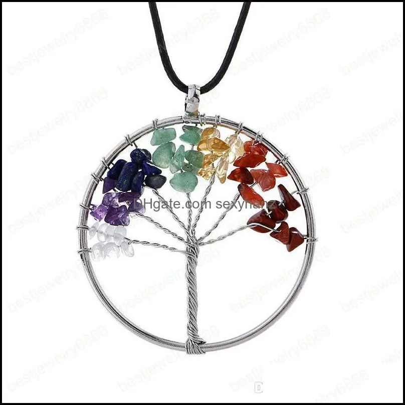 New 7 chakra Tree of Life Necklaces Natural crystal quartz Stone Pendant Leather Wax Rope chain For Women Fashion Jewelry Gift