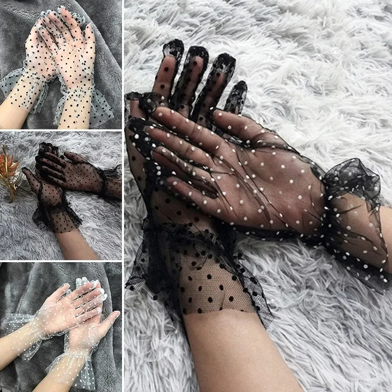 White Black Dot Short Wedding Gloves for Bride Lace Tulle Gaze Women s Transparent Bridal Women Party Prom Dresses Mesh Gloves Al7635