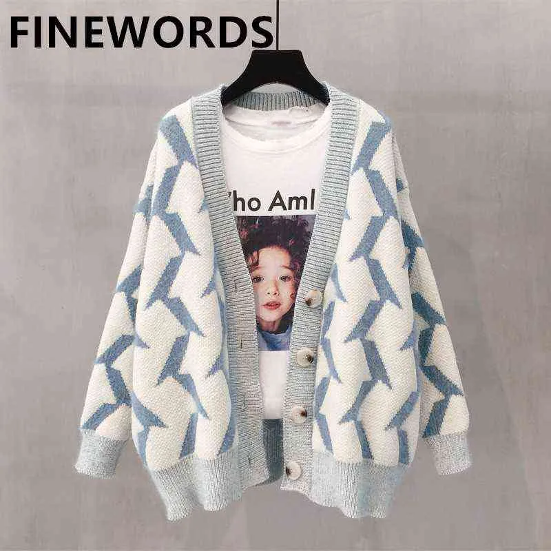 FIORDS Autumn Vintage Pattern Knitted Cardigan Women Long Sleeve Korean Sweater Coat Single Button Loose Harajuku Cardigans 211117