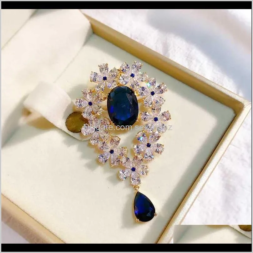Vintage Blue Red Zircon Crystal Teardrop Brooches for Women Beautiful Brooch Elegant Wedding Bridal Bouquets Jewelry Pins Broche