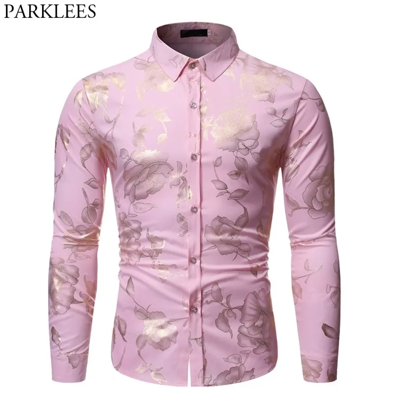 Gold Rose Print Różowy Koszula Mężczyźni Stylowe Slim Fit Długim Rękawem Męskie Sukienka Koszule Party Wedding Club Social Sompots Koszula Koszulka Homme 210628