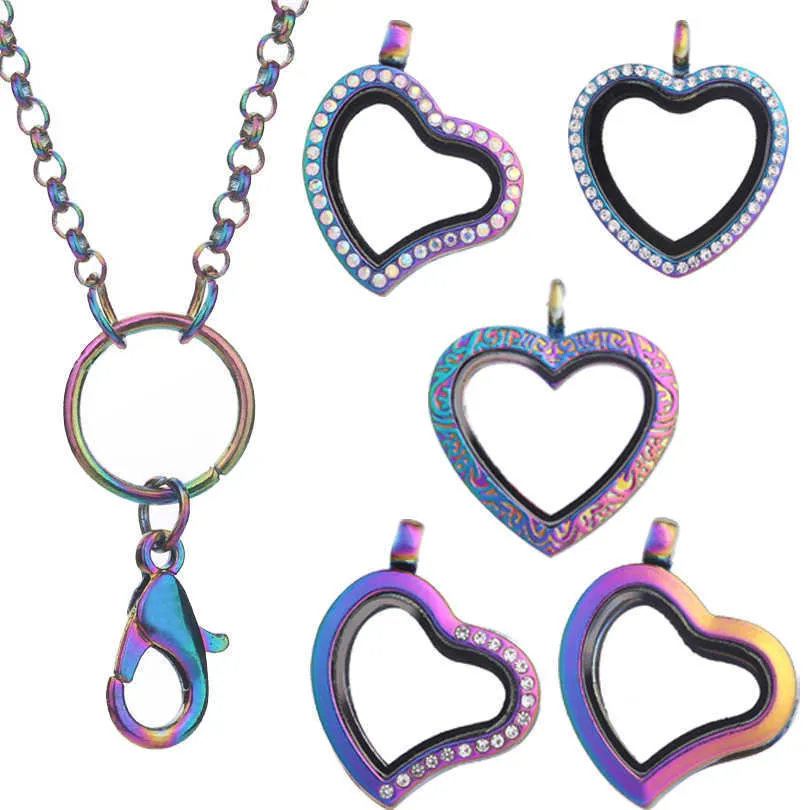 10pcs / lot couleur arc-en-ciel tous les styles de coeur mémoire magnétique vivant charmes flottants médaillon collier bijoux femmes avec chaîne de 60 cm x0707